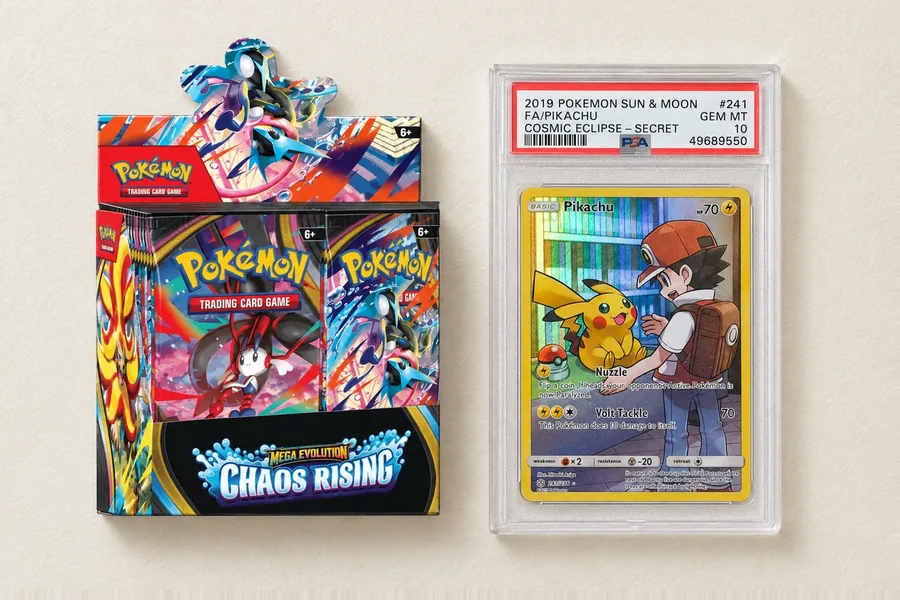 Booster box og gradet Pikachu